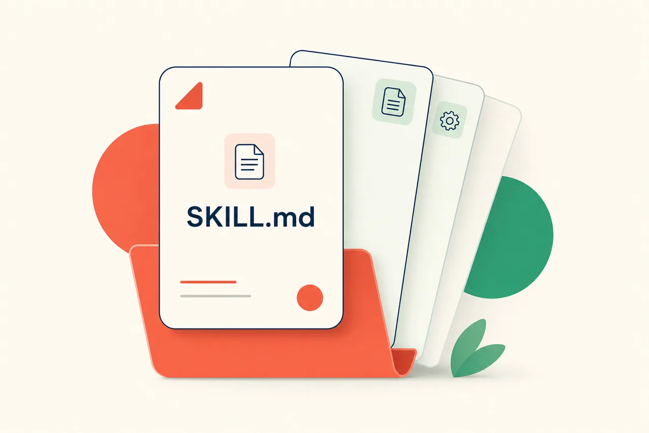 A SKILL.md card in front of layered reference and script cards, illustrating an agent skill and progressive disclosure.